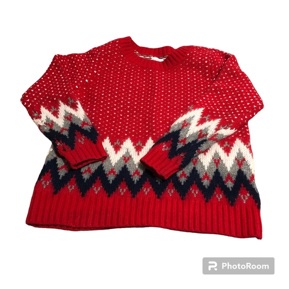 LL Bean Signature Birds Eye Chevron Wool Sweater L Red - Picture 1 of 7